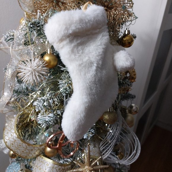 Pom Pom Faux Fur White and Hanging Stocking Ornament or Decoration Super Cute - Picture 6 of 6